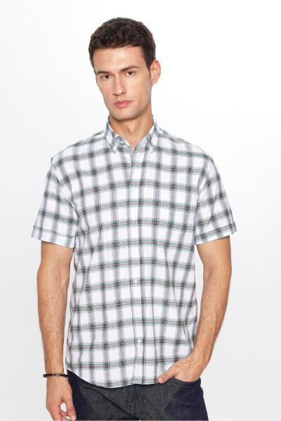 Men's Classic Fit Regular Fit Short Sleeve Cotton Single Pocket Plaid Button Down Collar Shirt - 7