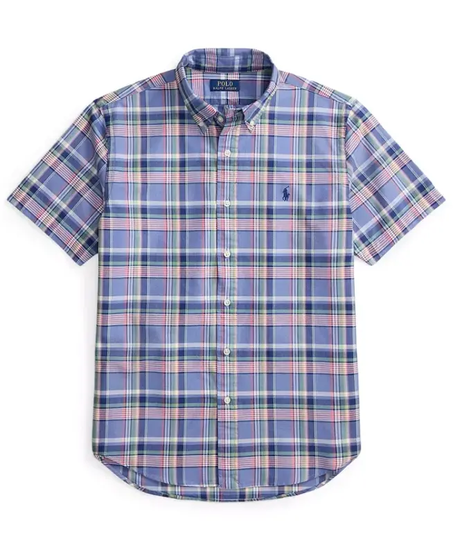 Men's Classic-Fit Short-Sleeve Oxford Shirt - Blue Pink Multi - 5