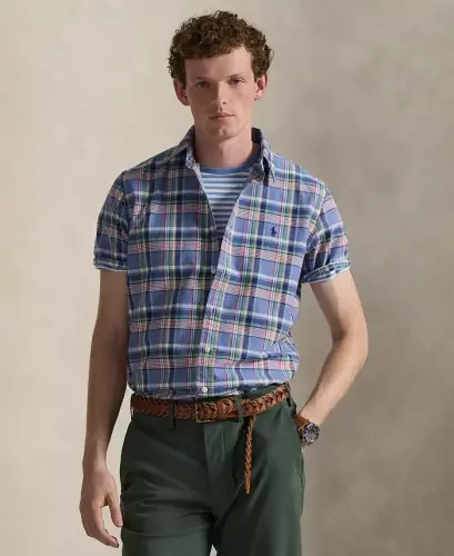 Men's Classic-Fit Short-Sleeve Oxford Shirt - Blue Pink Multi 