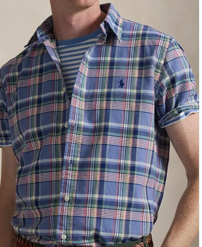 Men's Short-Sleeve Oxford Shirt - Blue Pink Multi - 13