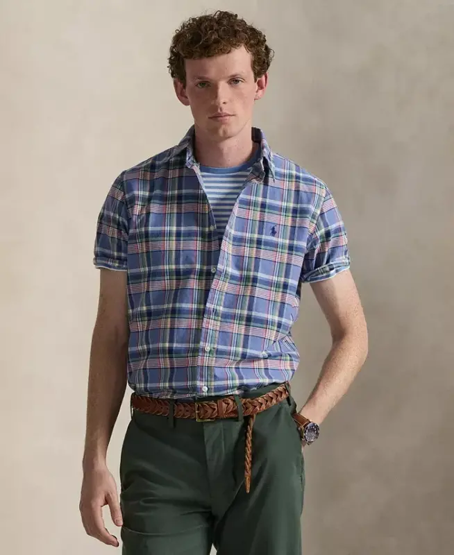 Men's Classic-Fit Short-Sleeve Oxford Shirt - Blue Pink Multi - 1