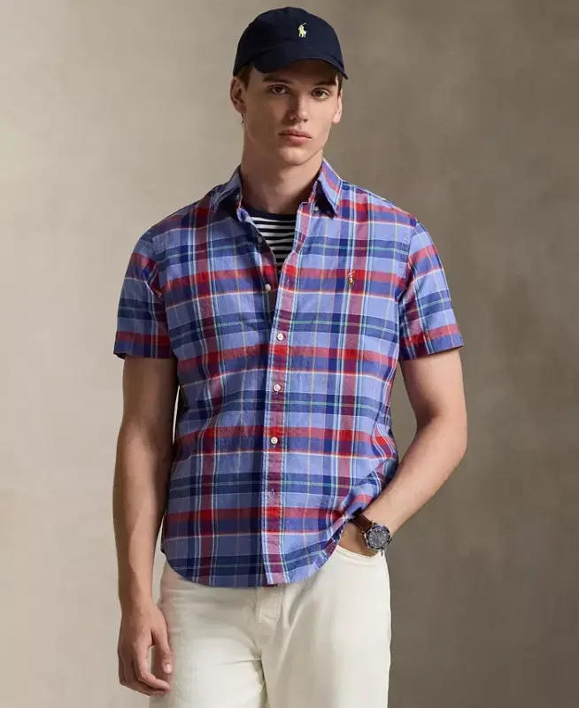 Men's Classic-Fit Short-Sleeve Oxford Shirt - Blue Red Multi - 1