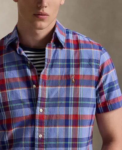 Men's Classic-Fit Short-Sleeve Oxford Shirt - Blue Red Multi - 3