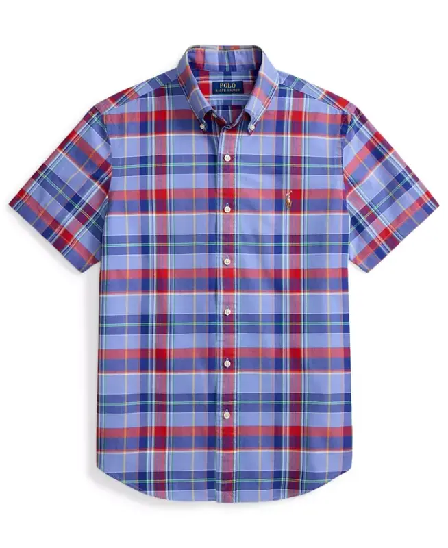 Men's Classic-Fit Short-Sleeve Oxford Shirt - Blue Red Multi - 5
