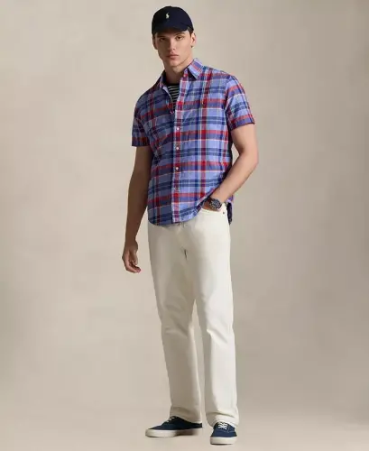 Men's Short-Sleeve Oxford Shirt - Blue Red Multi - 2