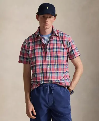 Men's Classic-Fit Short-Sleeve Oxford Shirt - Pink Blue Multi 