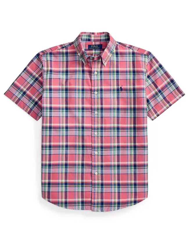 Men's Short-Sleeve Oxford Shirt - Pink Blue Multi - 15
