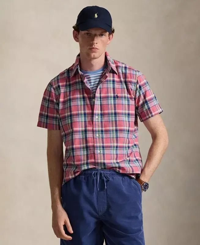 Men's Short-Sleeve Oxford Shirt - Pink Blue Multi - POLO RALPH LAUREN