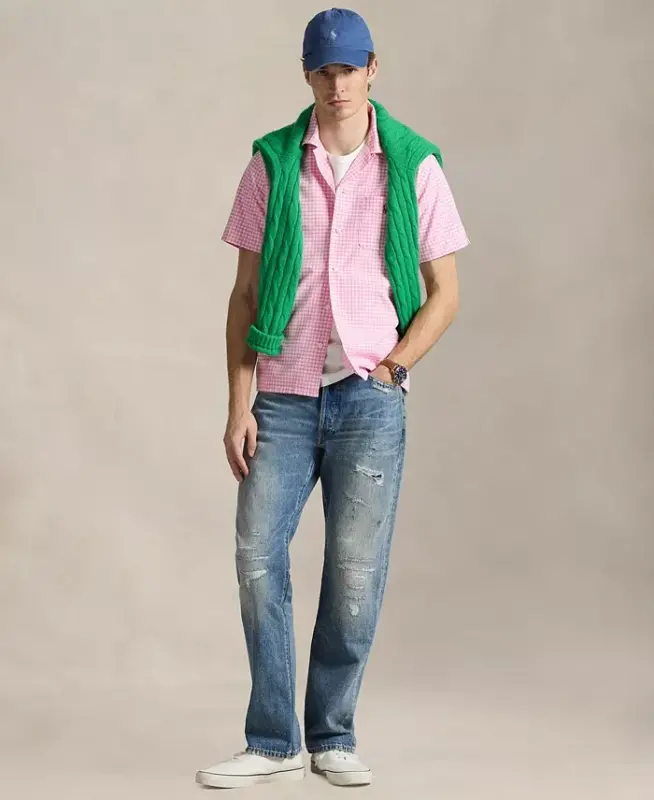 Men's Classic-Fit Short-Sleeve Oxford Shirt - Pink/White - 2