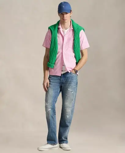 Men's Short-Sleeve Oxford Shirt - Pink/White - 12
