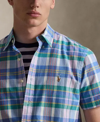 Men's Short-Sleeve Oxford Shirt - White Jewel Blue Multi - 13