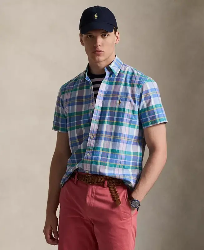 Men's Classic-Fit Short-Sleeve Oxford Shirt - White Jewel Blue Multi - POLO RALPH LAUREN