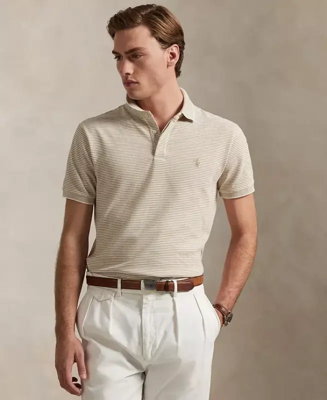 Men's Classic-Fit Stretch Oxford Mesh Polo Shirt - Khaki/White - 1