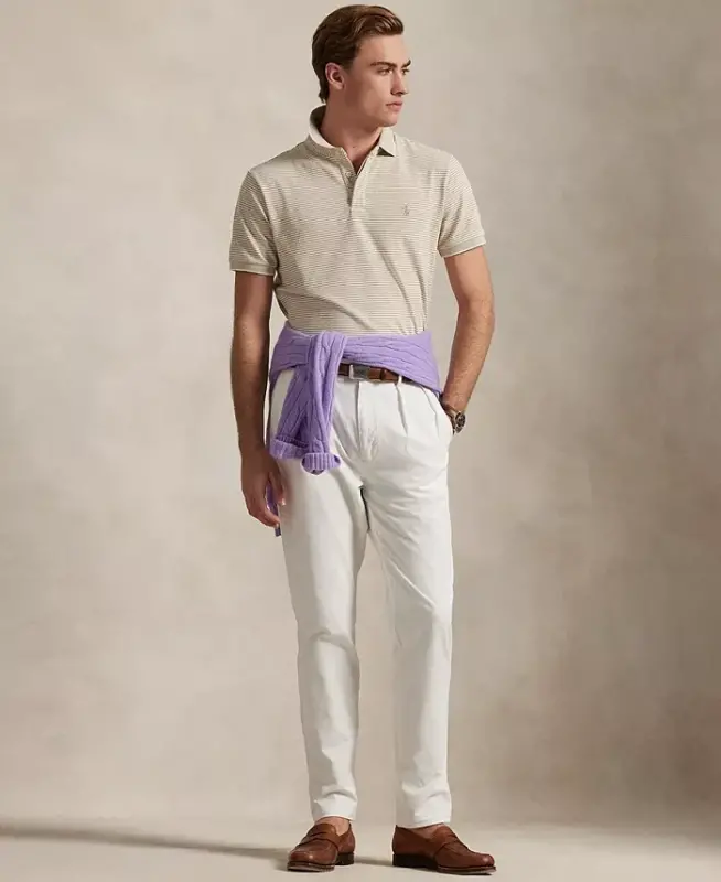 Men's Classic-Fit Stretch Oxford Mesh Polo Shirt - Khaki/White - 2