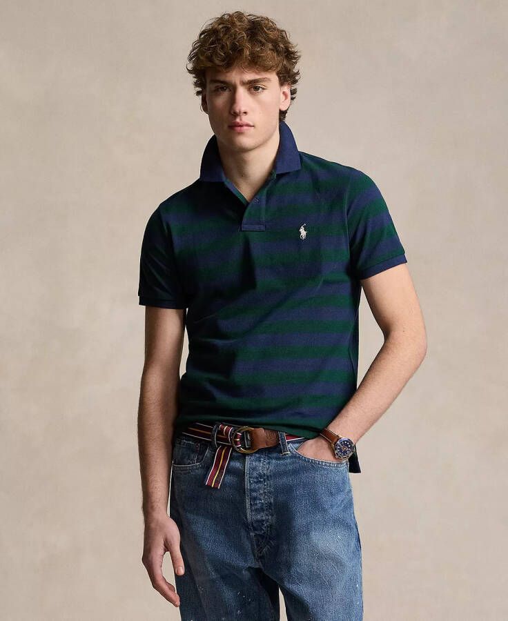 Men's Classic-Fit Striped Mesh Polo Shirt Moss Agate/spring Navy - 1