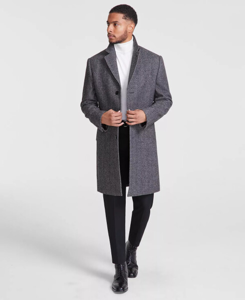 Men's Classic-Fit Wool Blend Herringbone Overcoat Black White - 1