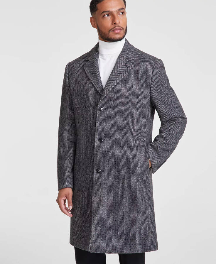 Men's Classic-Fit Wool Blend Herringbone Overcoat Black White - 3