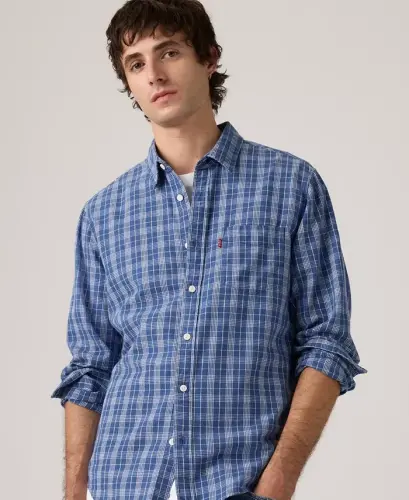 Men's Classic Pocket Regular-Fit Long-Sleeve Shirt - Hakan Plaid Sunshine Blue - 4