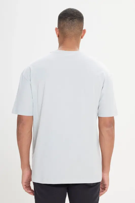 Men's Cloud Gray Oversize Loose Fit Crew Neck 100% Cotton Printed T-shirt-CLOUD GRAY - 4