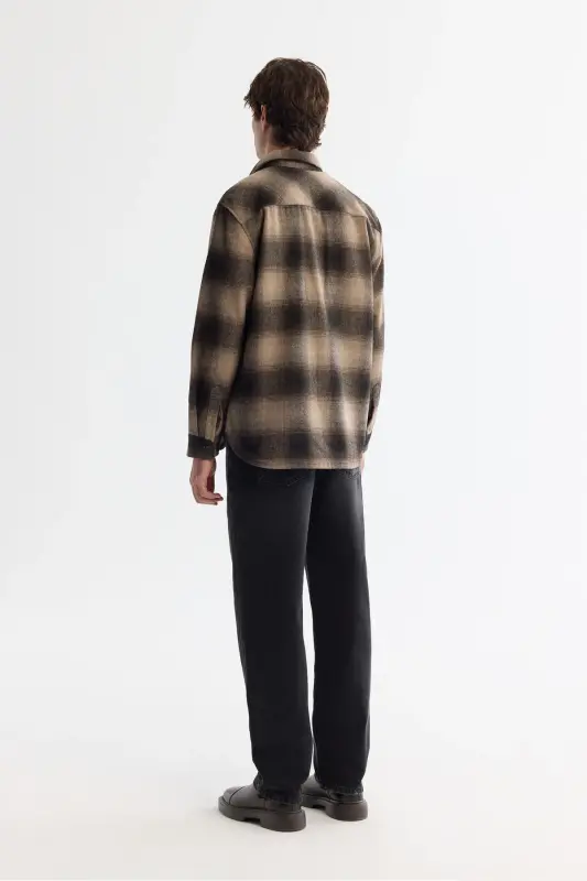 Men's Coffee Classic Collar Plaid Wool Shirt Jacket - 4