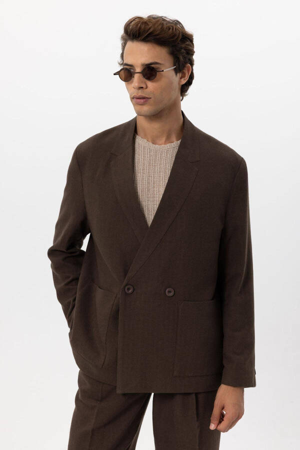 Men's Coffee Linen Blend Double Breasted Button Blazer Jacket - 3