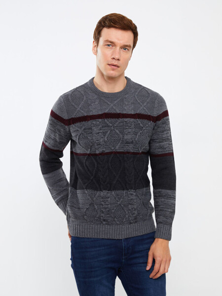 Men's Color Block Long Sleeve Crew Neck Knit Sweater - 16