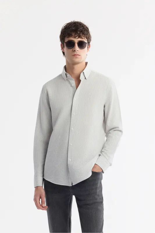 Men's Comfort Fit Under Button-Down Collar Striped Waffle - 1