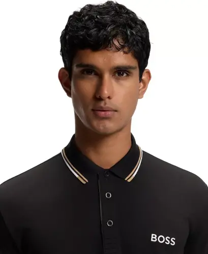 Men's Contrast Logo Cotton-Blend Polo Shirt - Black - 7
