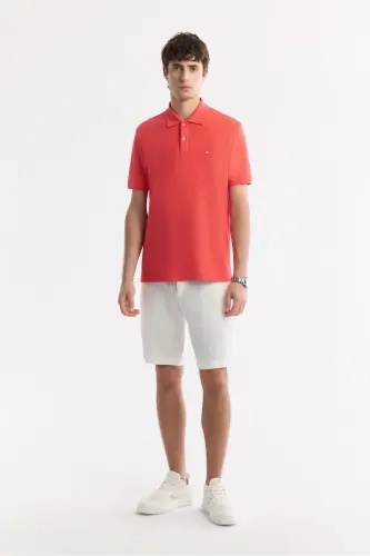 Men's Coral Non-Roll Polo Collar 100% Cotton Basic Regular Fit T-Shirt B001032 - Coral - 8