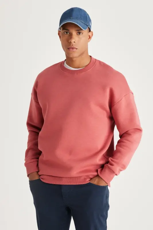 Men's Coral Oversized Loose Fit Fleece-Lined 3-Thread Crew Neck Cotton Sweatshirt - Coral - 1