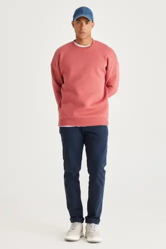 Men's Coral Oversized Loose Fit Fleece-Lined 3-Thread Crew Neck Cotton Sweatshirt - Coral - 2