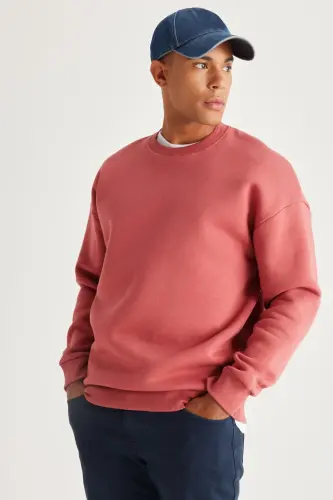 Men's Coral Oversized Loose Fit Fleece-Lined 3-Thread Crew Neck Cotton Sweatshirt - Coral - 3