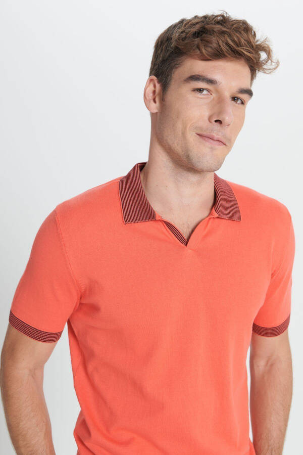 Men's Coral Standard Fit Regular Cut Polo Neck 100% Cotton Knitted T-Shirt - 4