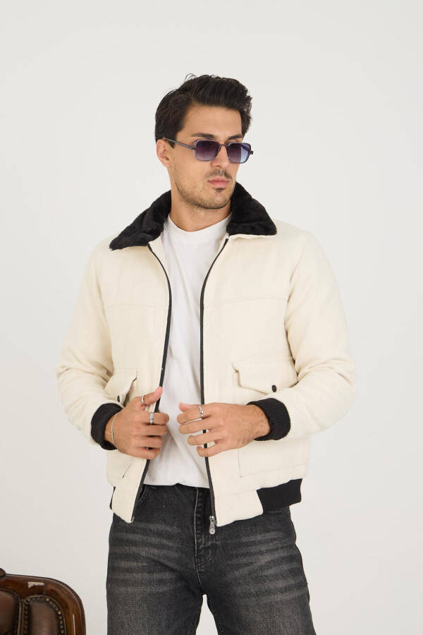 Men's corduroy collar, fur-lined, cotton bomber jacket. - 1