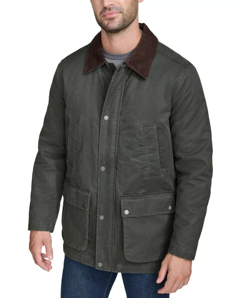 Men's Corduroy-Shirt-Collar Waxed Rain Jacket Army Green - 1