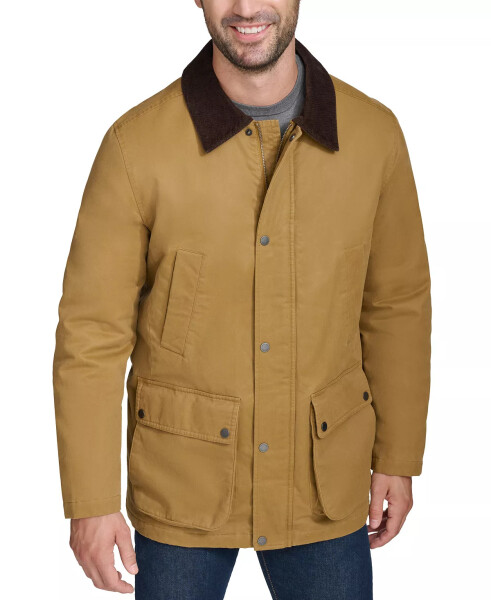 Men's Corduroy-Shirt-Collar Waxed Rain Jacket Khaki - 1