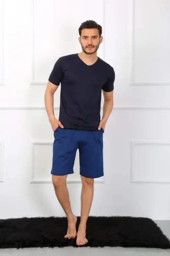 Men's Cotton 3-Piece Navy Blue V-Neck Pajamas Set 6822 - 24