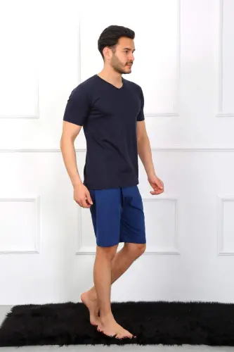 Men's Cotton 3-Piece Navy Blue V-Neck Pajamas Set 6822 - 34