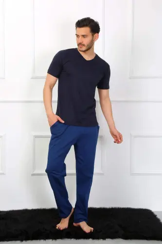 Men's Cotton 3-Piece Navy Blue V-Neck Pajamas Set 6822 - 6
