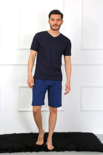 Men's Cotton 3-Piece Navy Blue V-Neck Pajamas Set 6822 - 7