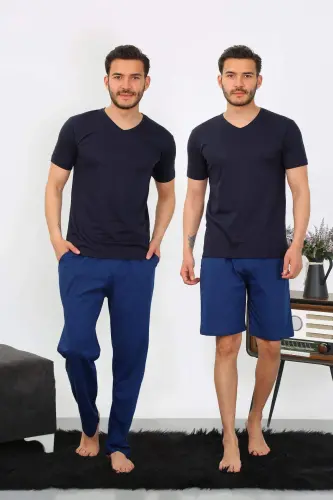 Men's Cotton 3-Piece Navy Blue V-Neck Pajamas Set 6822 - 11