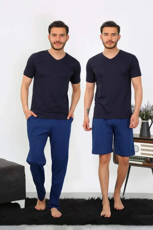 Men's Cotton 3-Piece Navy Blue V-Neck Pajamas Set 6822 - 11