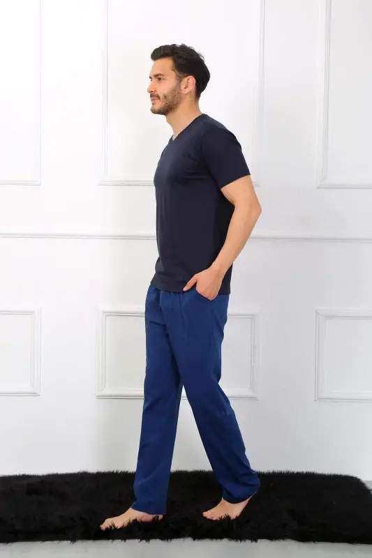 Men's Cotton 3-Piece Navy Blue V-Neck Pajamas Set 6822 - 13