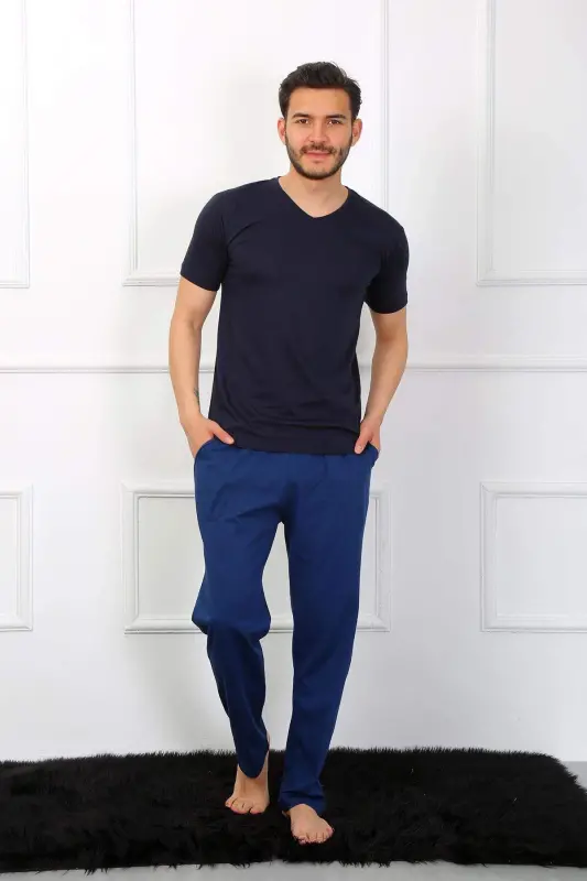 Men's Cotton 3-Piece Navy Blue V-Neck Pajamas Set 6822 - 20