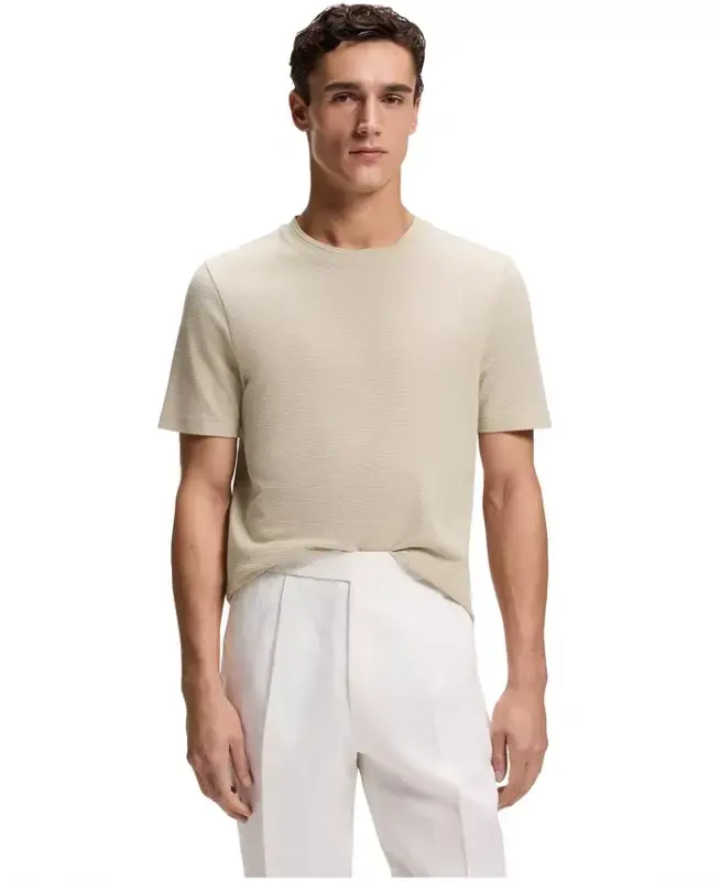 Men's Cotton-Blend Regular-Fit Bubble-Jacquard T-Shirt - Open Beige - HUGO BOSS