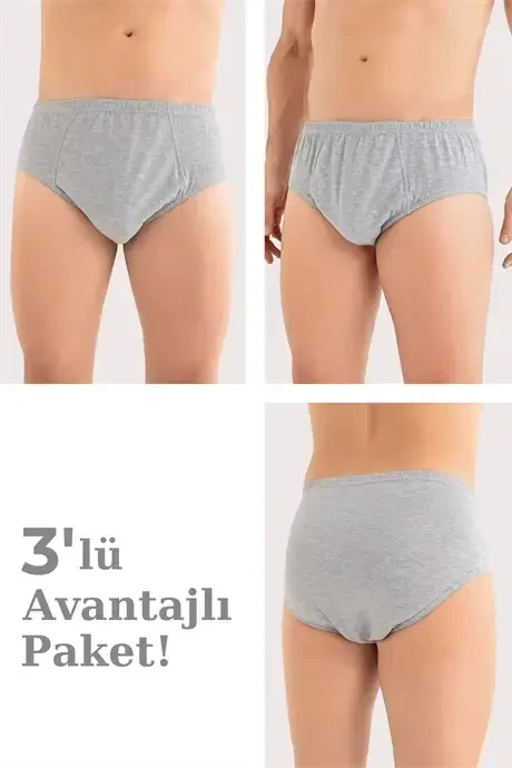 Men's Cotton Briefs Plain Gray Elastic Waistband 3-Pack - BÜYÜKBEDENIZ
