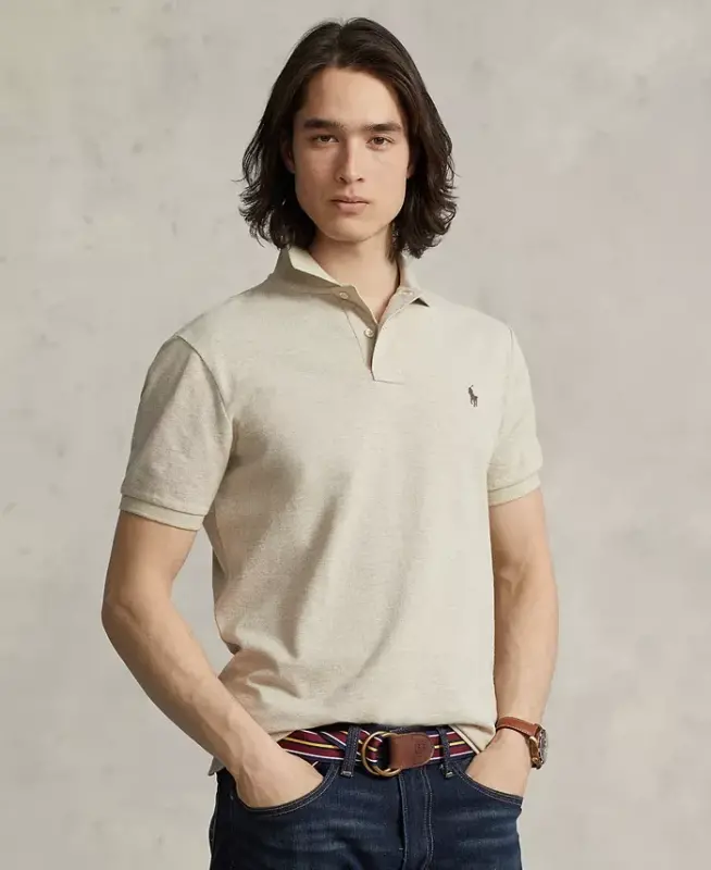 Men's Cotton Custom Slim Fit Mesh Polo Shirt - Expedition Dune Heather - POLO RALPH LAUREN