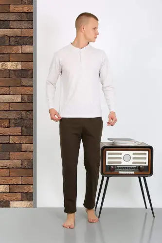 Men's Cotton Long Sleeve Pajama Set 6860 Ecru - 12