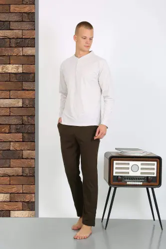 Men's Cotton Long Sleeve Pajama Set 6860 Ecru - 17