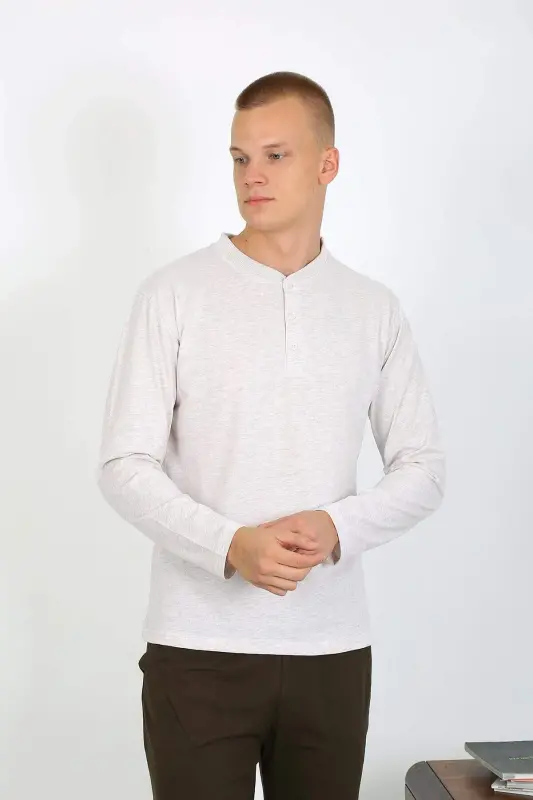 Men's Cotton Long Sleeve Pajama Set 6860 Ecru - 5